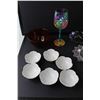 Image 3 : (6) Rainbow Glass Dishes, Wine Glass, (6) Miniature Ceramic Bowls, Amber Glass Bowl