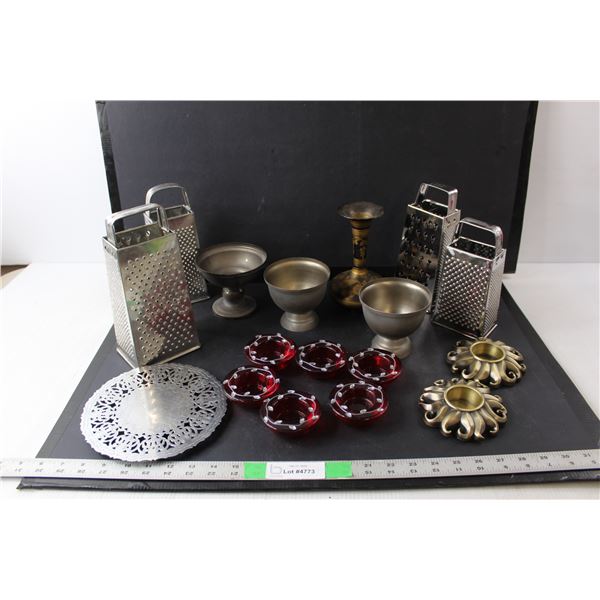 (4) Cheese Graters, (9) Candleholders- Indian Brass, Glass, Other, Misc.