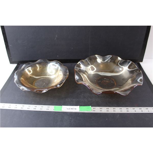 (2) Carnival Glass Marigold Fluted Bowls w/Floral Design - 11.75" & 9.5"