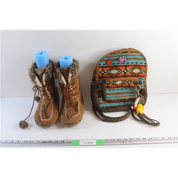 Suede Moccasins - Size 7/8 and Indigenous Print Backpack