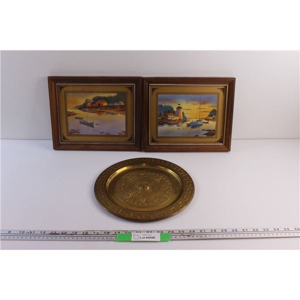 Wall Hanging Brass Mayan Calendar Decor and (2) Framed Harbour View Art Prints 11'' x 9 1/2''