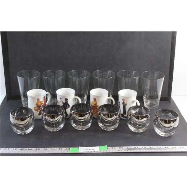(6) Silver Ombre Glass Cups, (4) Christmas Norman Rockwell Ceramic Mugs and (6) Glass Cups