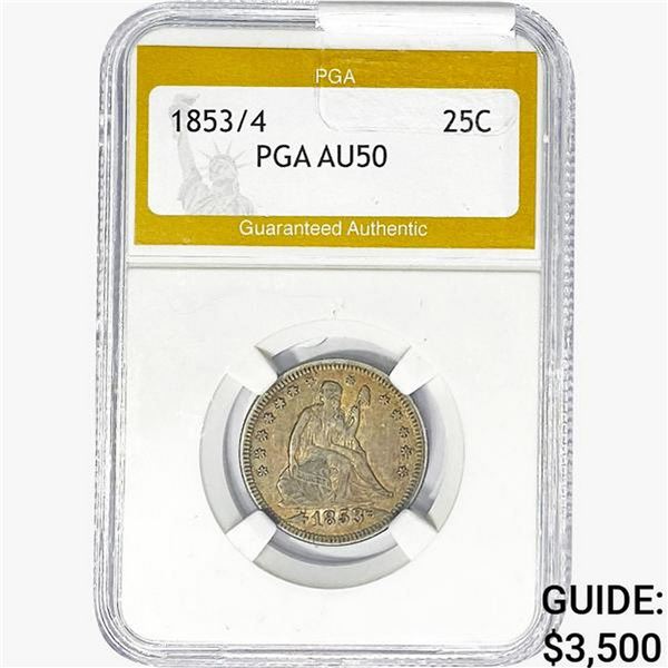 1853/4 Seated Liberty Quarter PGA AU50