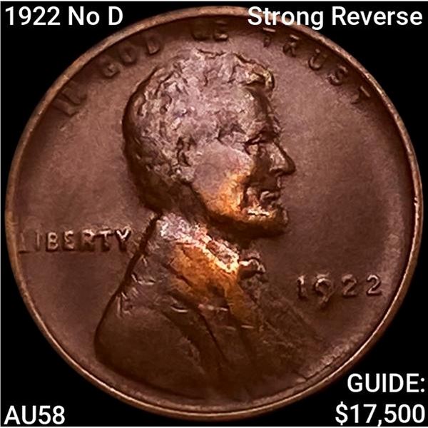 1922 No D Strong Reverse Wheat Cent CHOICE AU