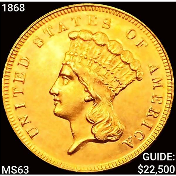 1868 $3 Gold Piece CHOICE BU