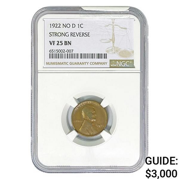 1922 No D Wheat Cent NGC VF25 BN Strong Reverse