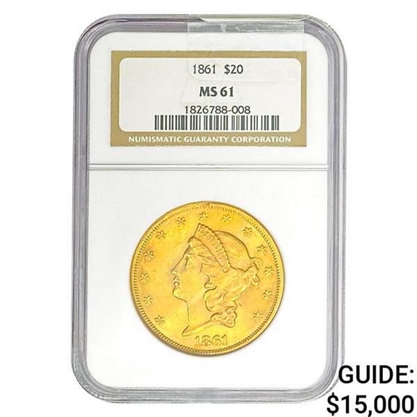 1861 $20 Gold Double Eagle NGC MS61