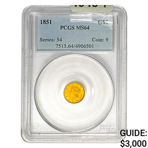 1851 Rare Gold Dollar PCGS MS64
