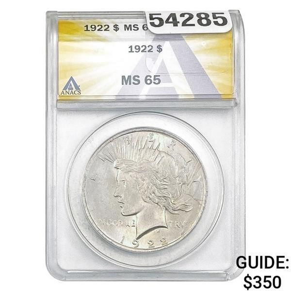 1922 Silver Peace Dollar ANACS MS65