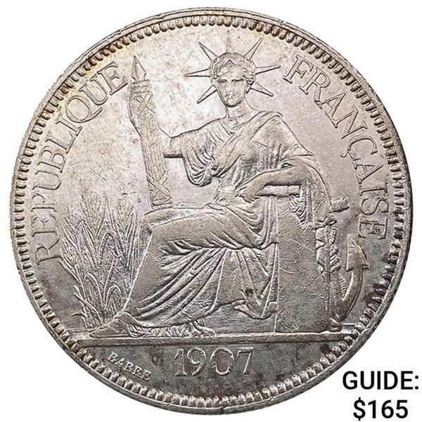 1907 French Indochina Silver Piastre CLOSELY UNCIRCULATED