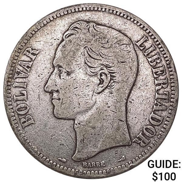 1911 Venezuela Silver 5 Bolivares NEARLY UNCIRCULATED
