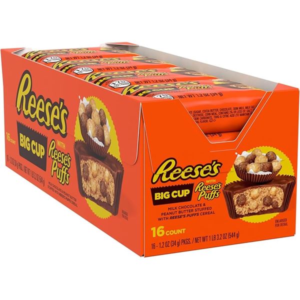 NEW 16 X 34G REESE BIG CUP REESES PUFFS
