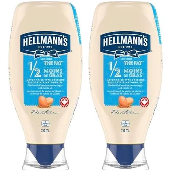 NEW 2 X 750ML HELLMANNS HALF FAT MAYO DRESSING