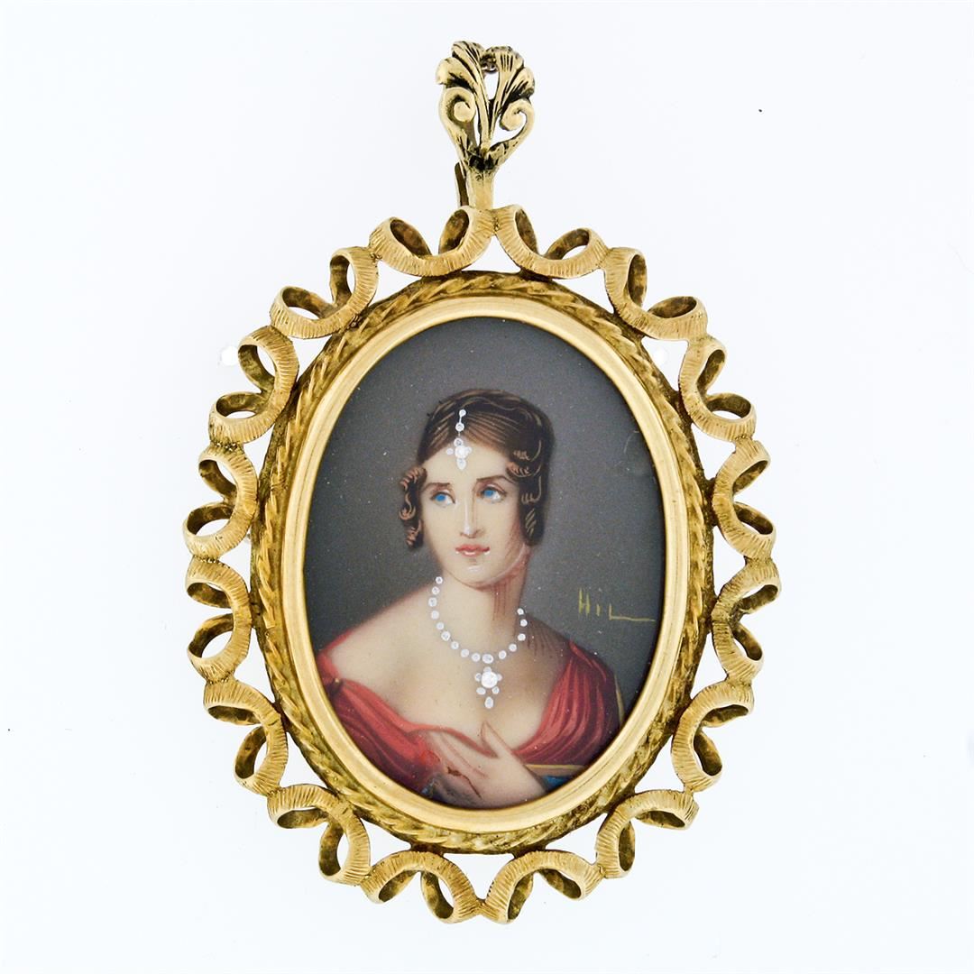 Vintage 18k Gold Large Detailed Hand Painted Open Textured Frame Brooch ...