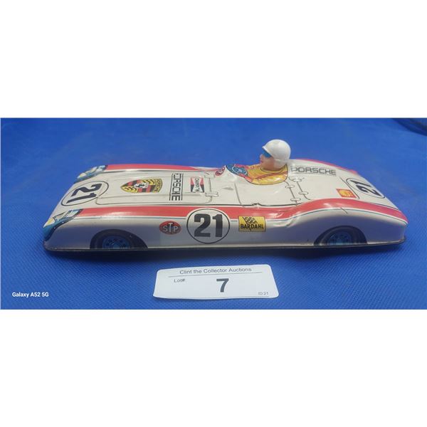 60s tin race car with excellent graphics, made in Japan 10"