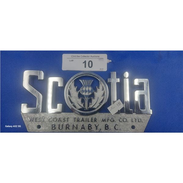 Vintage metal Scotia Westcoast trailer badge 7"