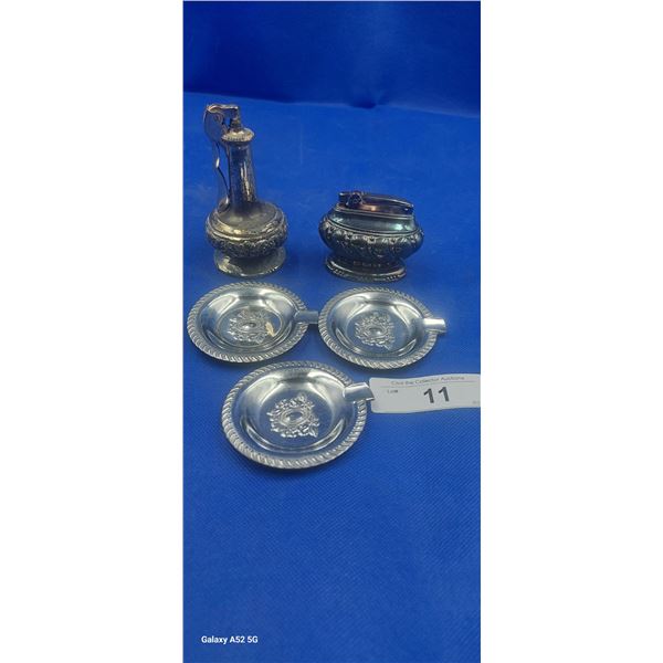 5 piece vintage Ronson table lighters and small ashtrays