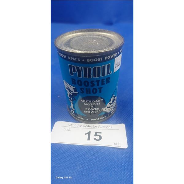 1950s Pyroil booster shot outboard motor/power motors additive 3 oz can full, Canadian