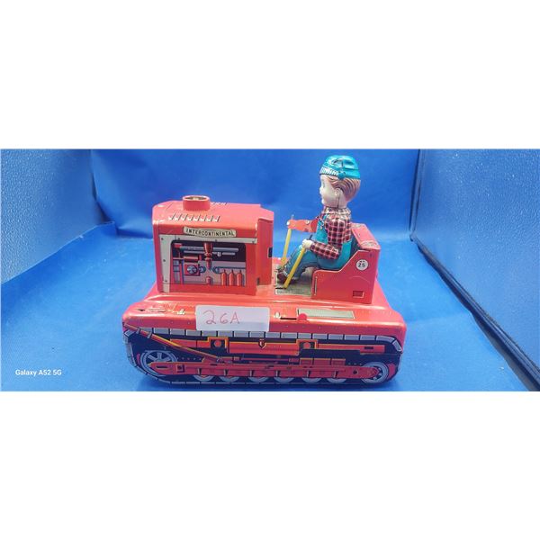 Vintage tin bulldozer toy, 60s Made in Japan 10.5" long