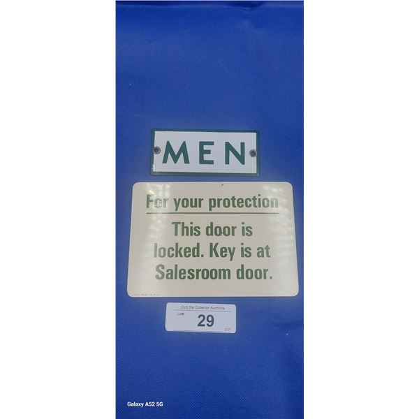 Pair of vintage metal restroom signs, largest 6.5"x5"