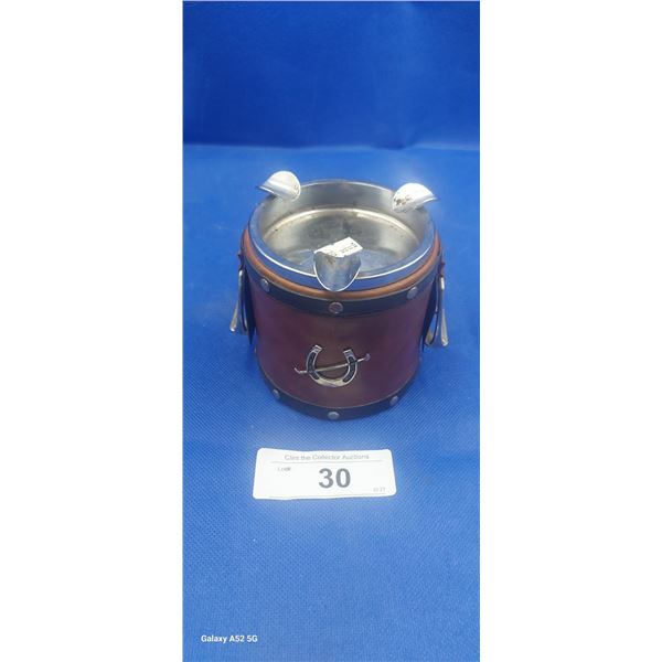 1960s saddle motif ashtray, leather wrapped metal approx 4"