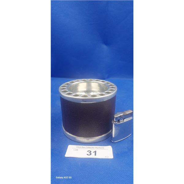 1960s lighter with cigarette/match stand, leather wrapped, approx 3.5"