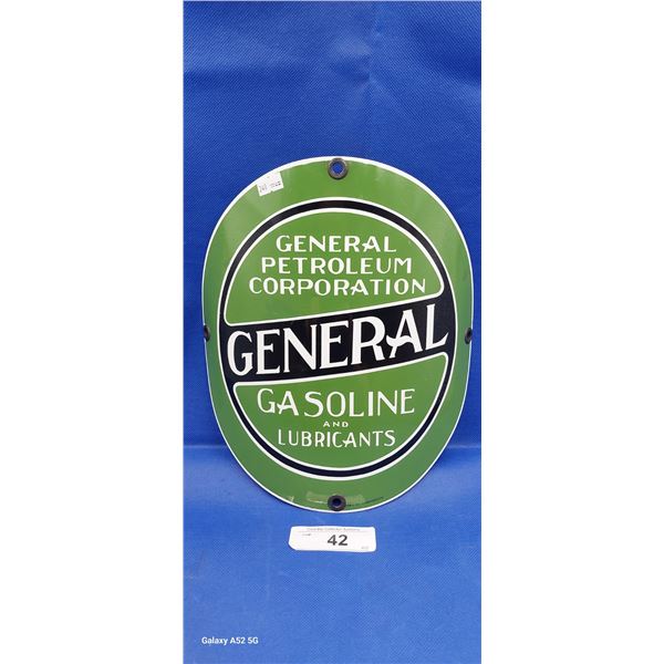 Nice repro curved porcelain pump sign, General Gasoline, 11.5"