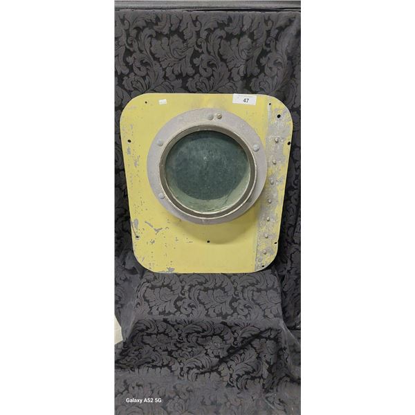 Vintage ship's porthole mounted in aluminum panel 24"x20" overall