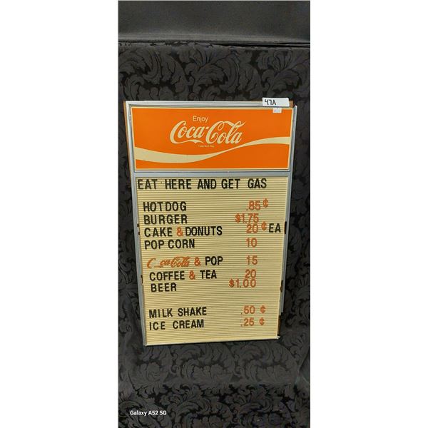 Vintage Coca-Cola menu board, 27" x 17"
