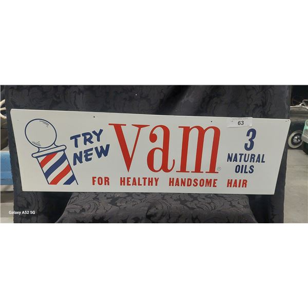 Originals 50s counter flange metal barber sign Vam 28" x 10"