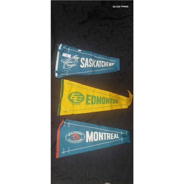 3 vintage pennants Sask, Edmonton & Montreal