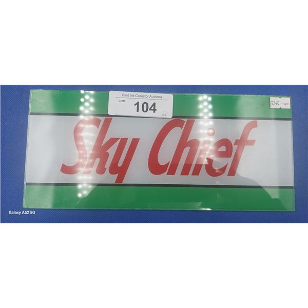 Vintage glass Sky Chief gas pump plaque 10" x 5"