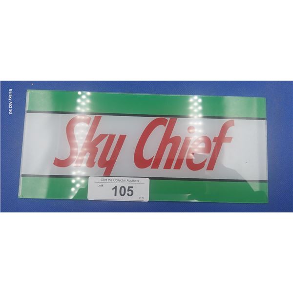 Vintage glass Sky Chief gas pump plaque 10" x 5"