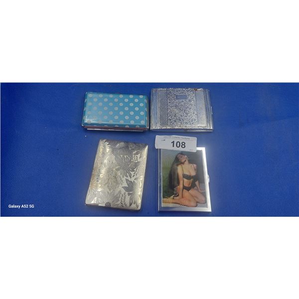 4 vintage metal cigarette cases, 1 is nude girl hologram