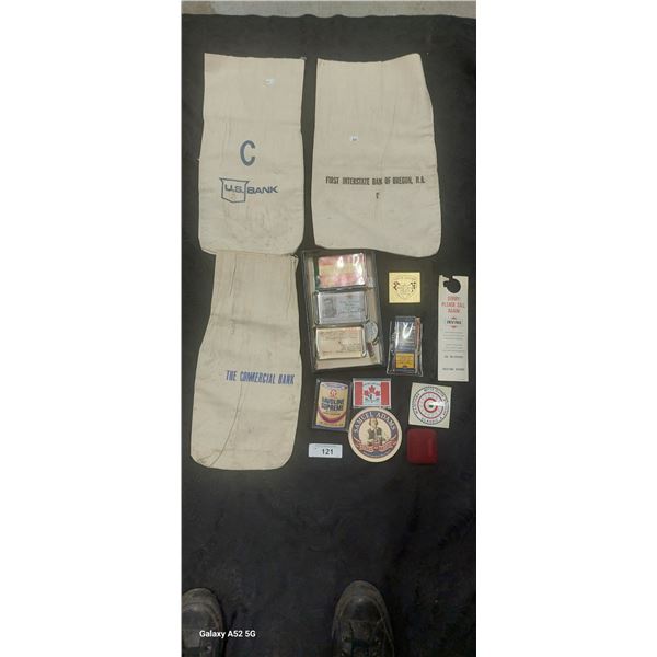 Vintage collectibles lot, decals, bank bags