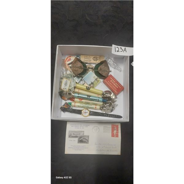 Collectable lot of openers, watch, stamps, steampunk glasses