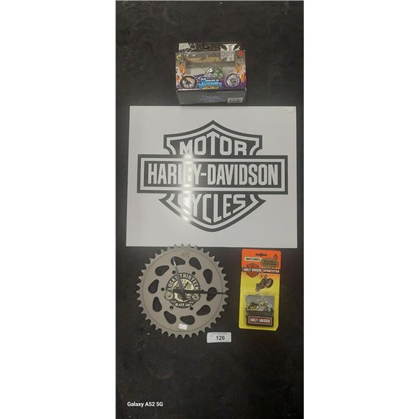 Collectable lot of Harley-Davidson Matchbox motorcycle and sign, steampunk motorcycle clock & Jesse 