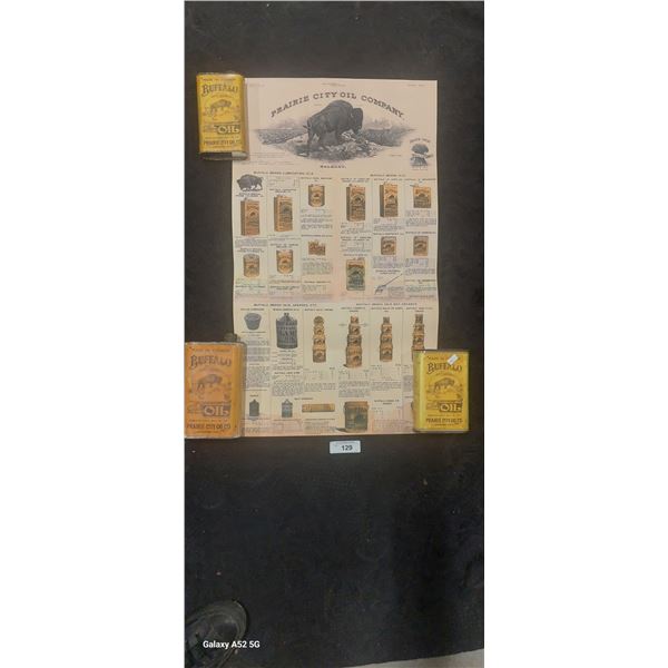 3 reproduction Buffalo oil tins and poster