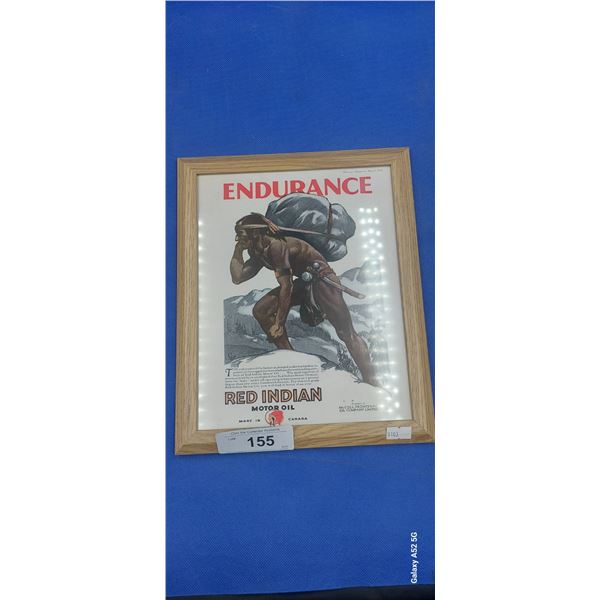 Vintage Red Indoan Motor Oil Endurance framed poster 1932, 11" x 9"