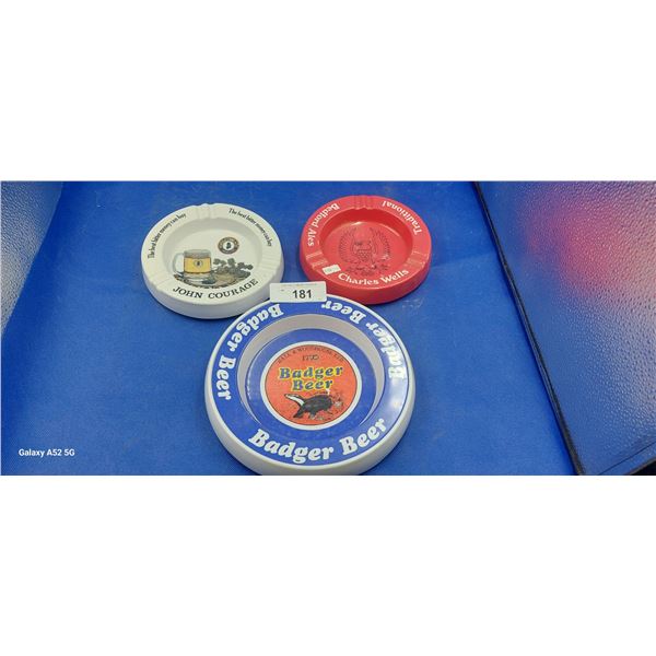 3 large vintage ashtrays, John Courage, Charles Wells & Badger Beer