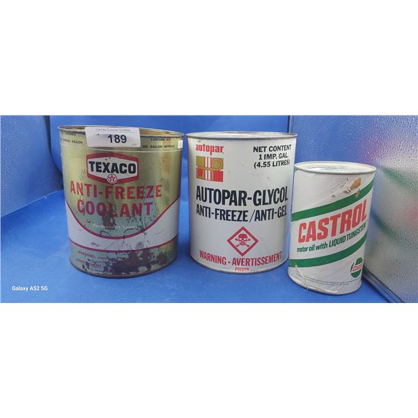 3 tins inc. Castrol, 2x antifreeze
