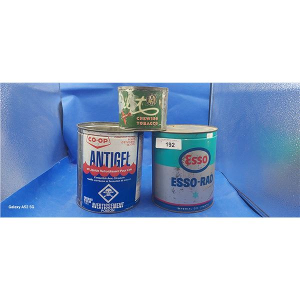 Vintage chewing tobacco tin & 2 antifreeze tins