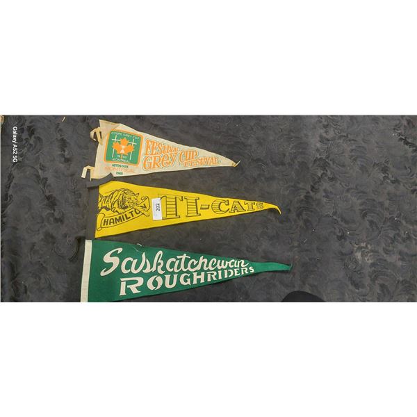 3 vintage pennants, Sask, Hamilton, Grey Cup