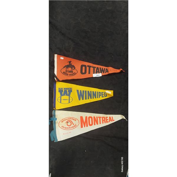3 vintage pennants, Ottawa, Winnipeg, Montreal