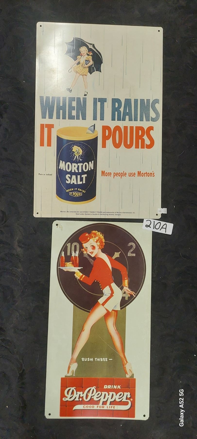 Pair of repro signs, Dr Pepper, Morton Salt