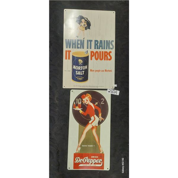 Pair of repro signs, Dr Pepper, Morton Salt