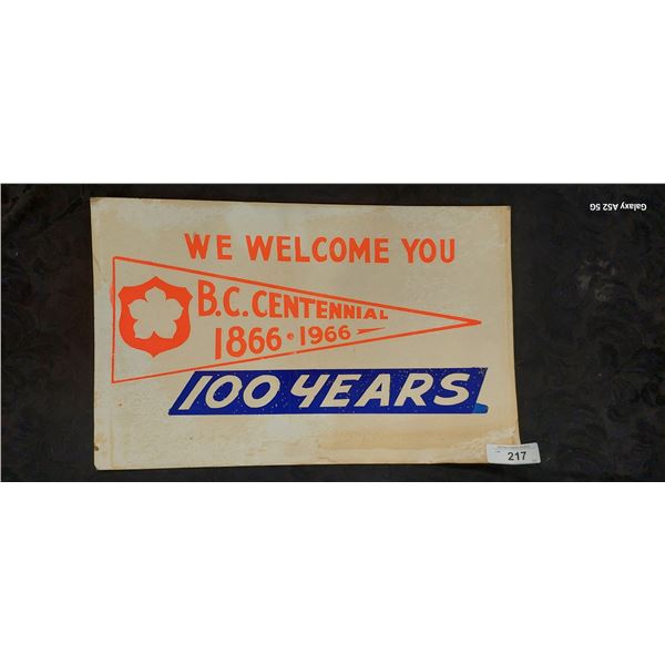 1866-1966 BC centenial cardboard sign 22" x 14"