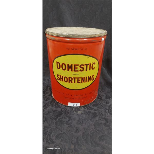 Large 1950s Domestic Shortening 5 gallon tin