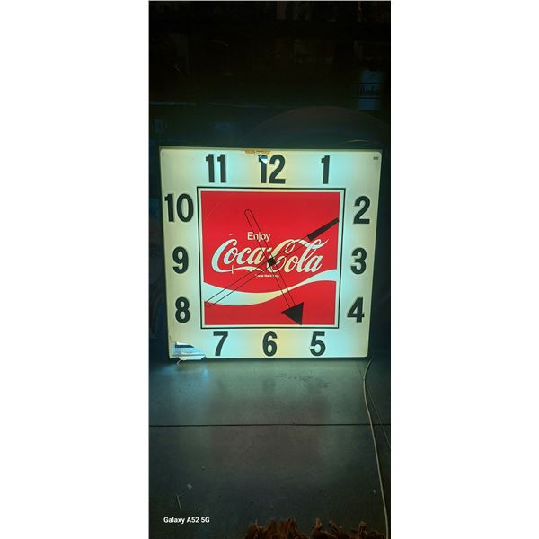 Large light up Coca-Cola arena clock with some damage, tested, 39" x 39"