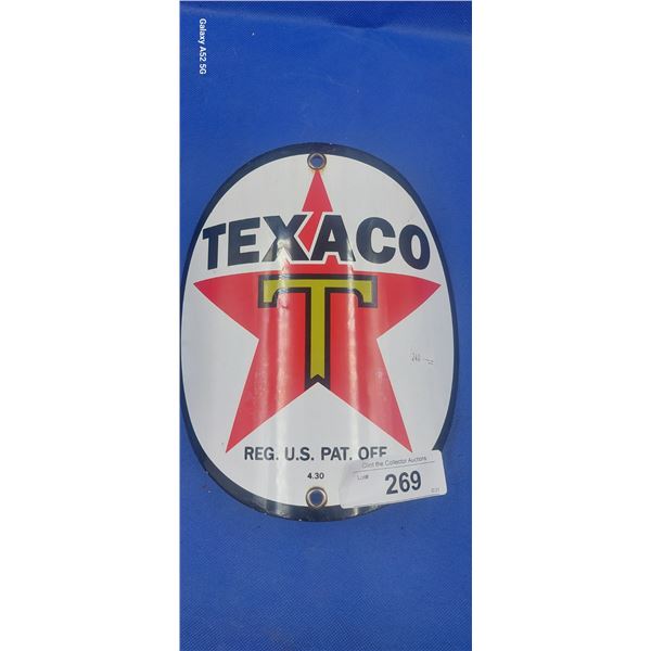 Very nice repro porcelain curved pump Texaco sign 8"